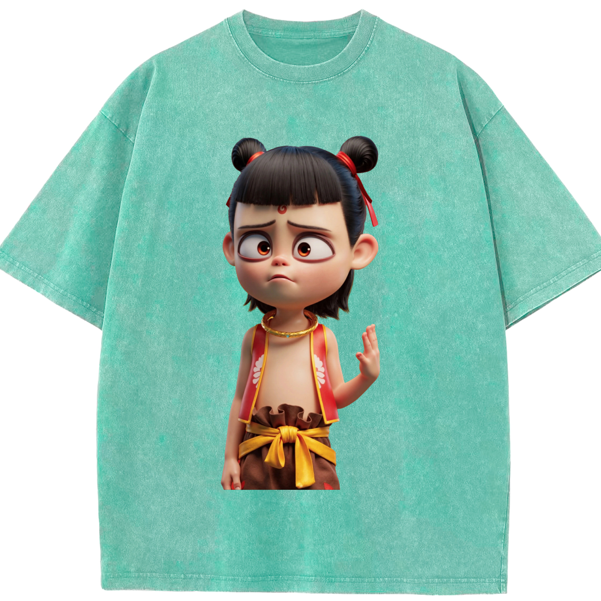 （画像用） Ne Zha 2 ナタ 魔童の大暴れ 綿100% ヴィンテージ風 半袖Tシャツ（フロントプリント）